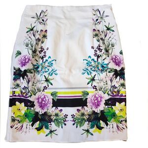 Worthington white knee-length white skirt with purple & green floral - 10